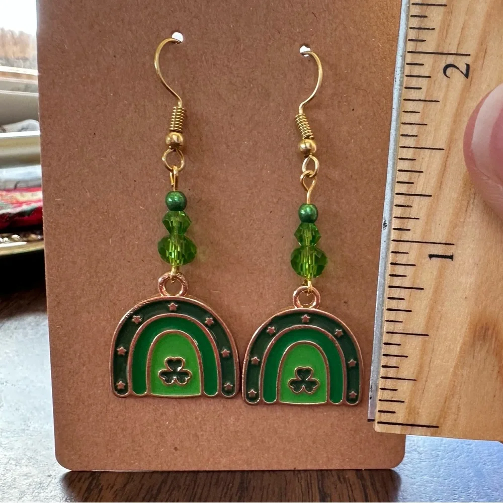 Green Rainbow Earrings with Shamrock Charm-perfect for St Patty’s Day! - Picture 2 of 2